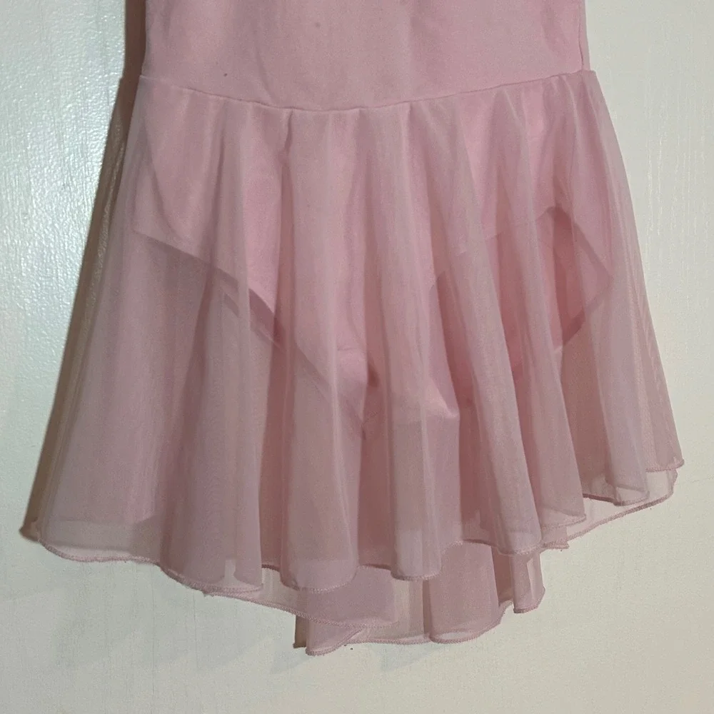 Girls Pink Ballet Leotard Dress Mesh‎ Flutter Sleeve Tutu Dancewear Size 130